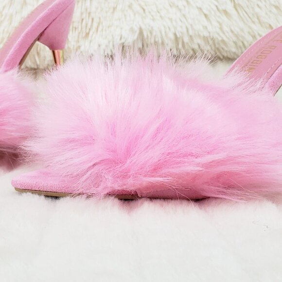 Furry Pointy Toe Slip On Gold Tone Slim Heels Pink Fuji - Picture 14 of 14